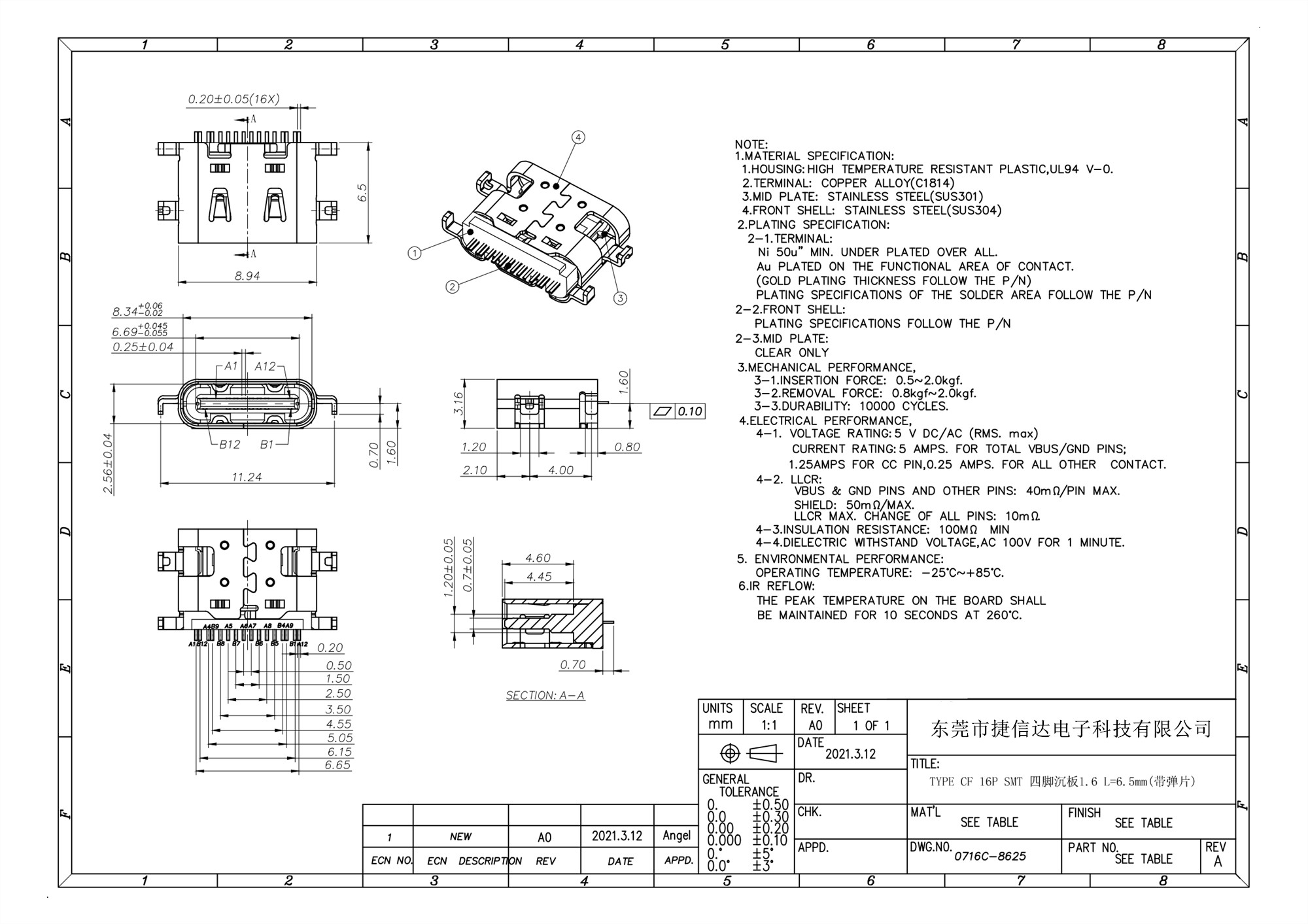 0716C-8625   TYPE CF 16P SMT 四脚沉板1.6 L=6.5mm(带弹片)_00.jpg